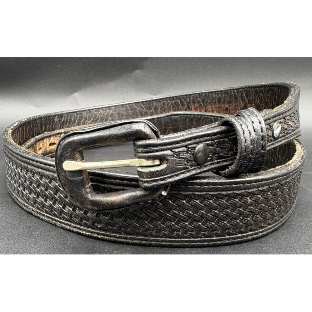 Vtg Vogt Leather Belt Black Braided Design Handmade Size 38 041-064 1 1/2"